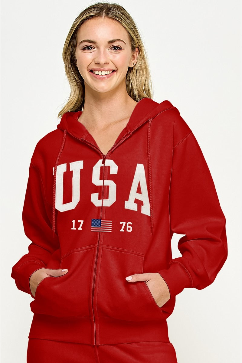 Fleece Boyfriend's Fit Jacket With Usa Patch And Embroidery