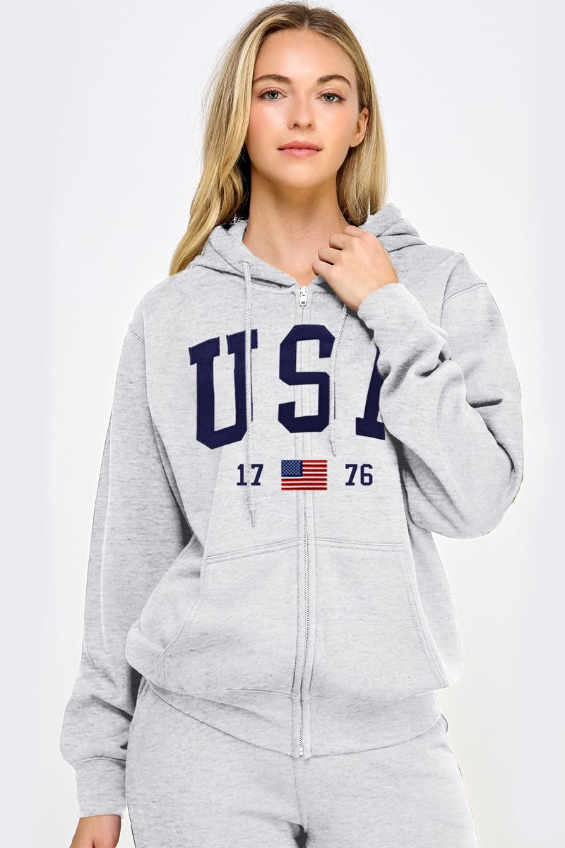Fleece Boyfriend's Fit Jacket With Usa Patch And Embroidery
