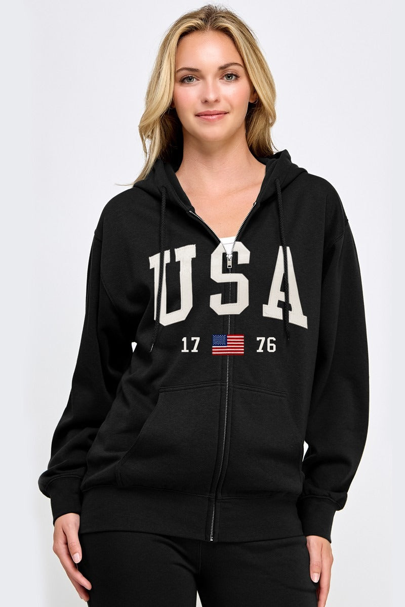 Fleece Boyfriend's Fit Jacket With Usa Patch And Embroidery