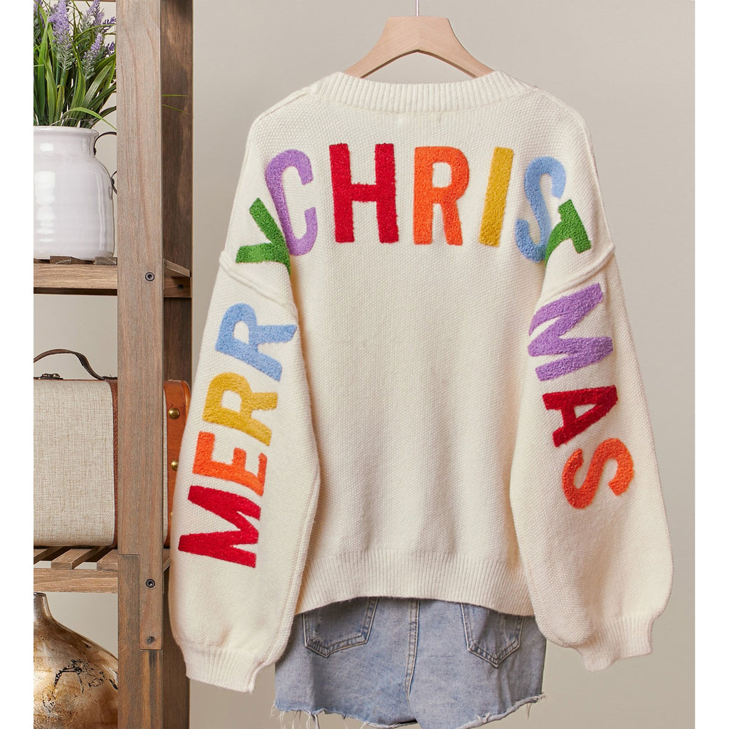 Christmas Lettering Patchwork V Neck Cardigan
