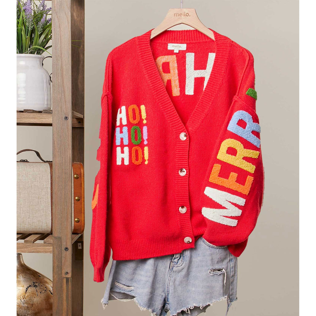 Christmas Lettering Patchwork V Neck Cardigan