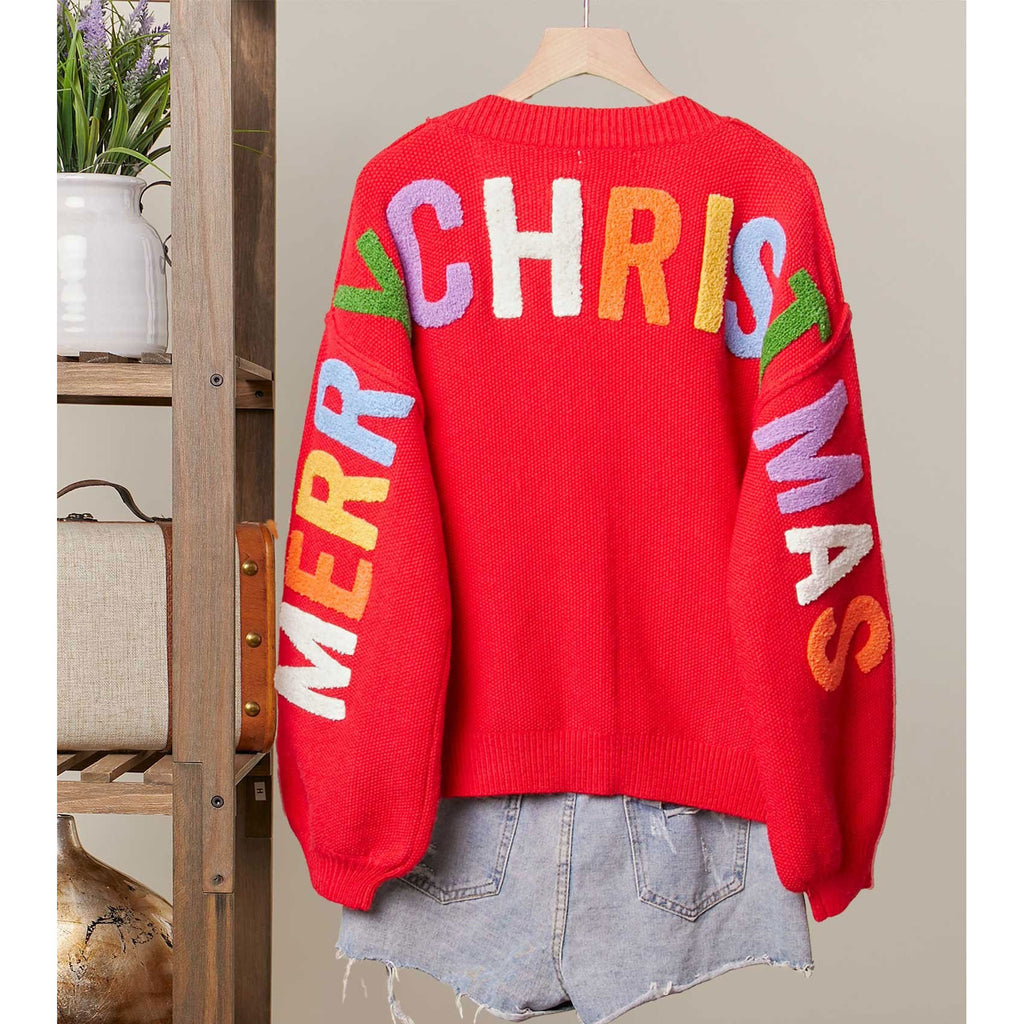 Christmas Lettering Patchwork V Neck Cardigan